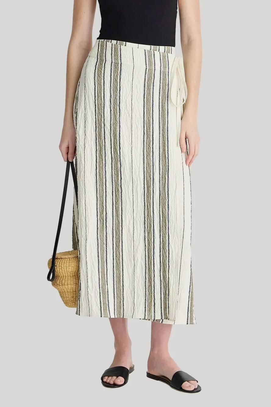 NEW APIECE APART women's marsala wrap skirt in affogato stripe
